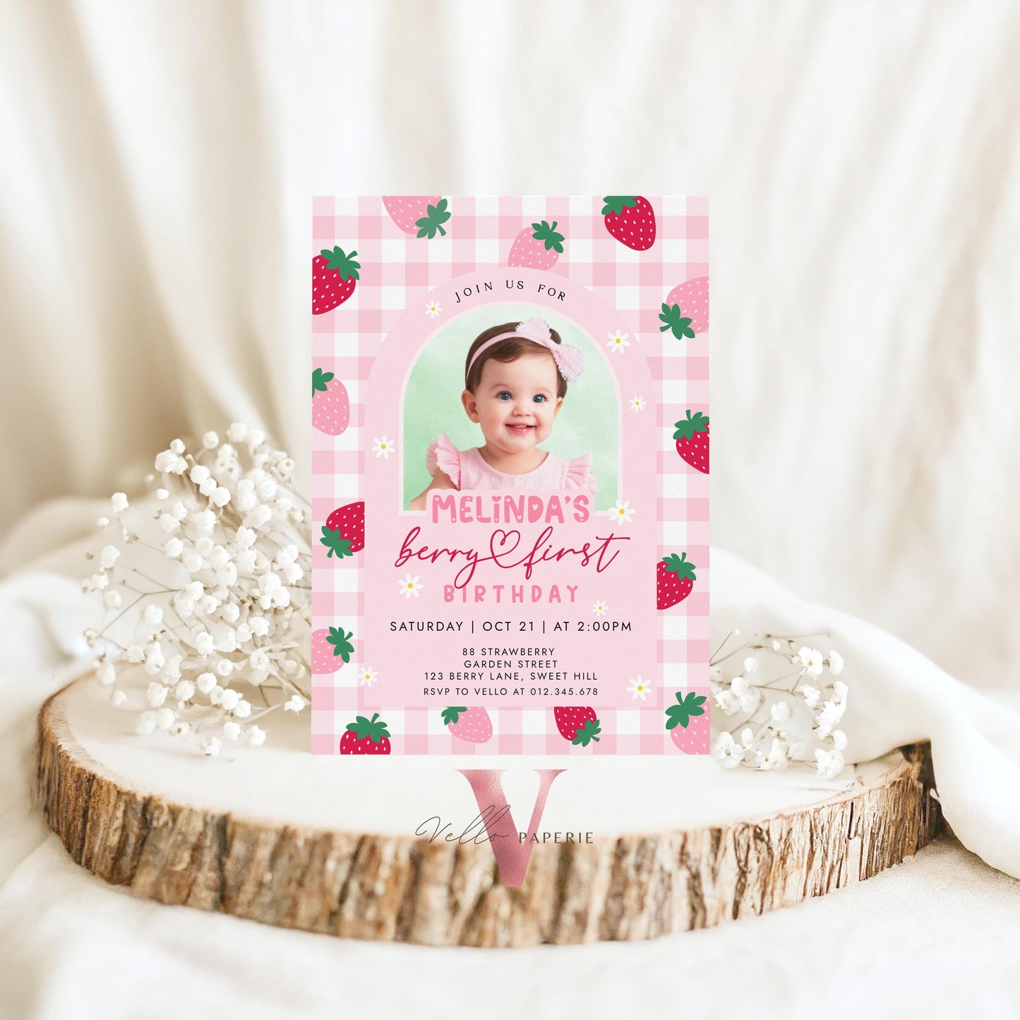 Photo Berry First Birthday Invitation Girl | Berry First Birthday Party Invite | Summer Girl Editable Template | Pink First Birthday Instant