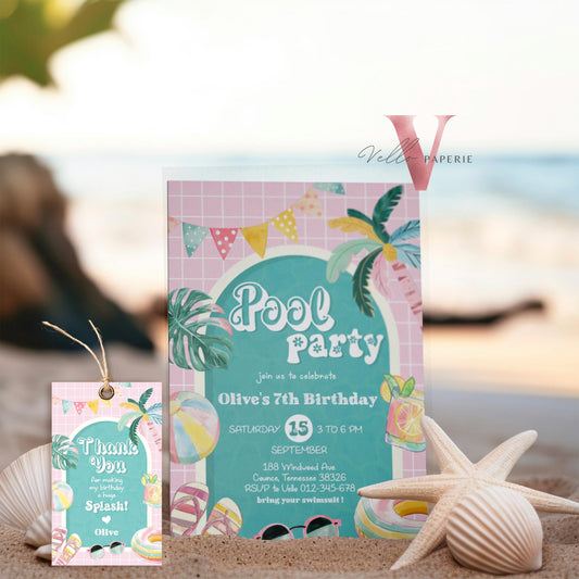 Editable Pool Birthday Party Invitation | Watercolor Summer Party Invite | Pink Turquoise Pool Party Invite Any Age Birthday Bash Instant