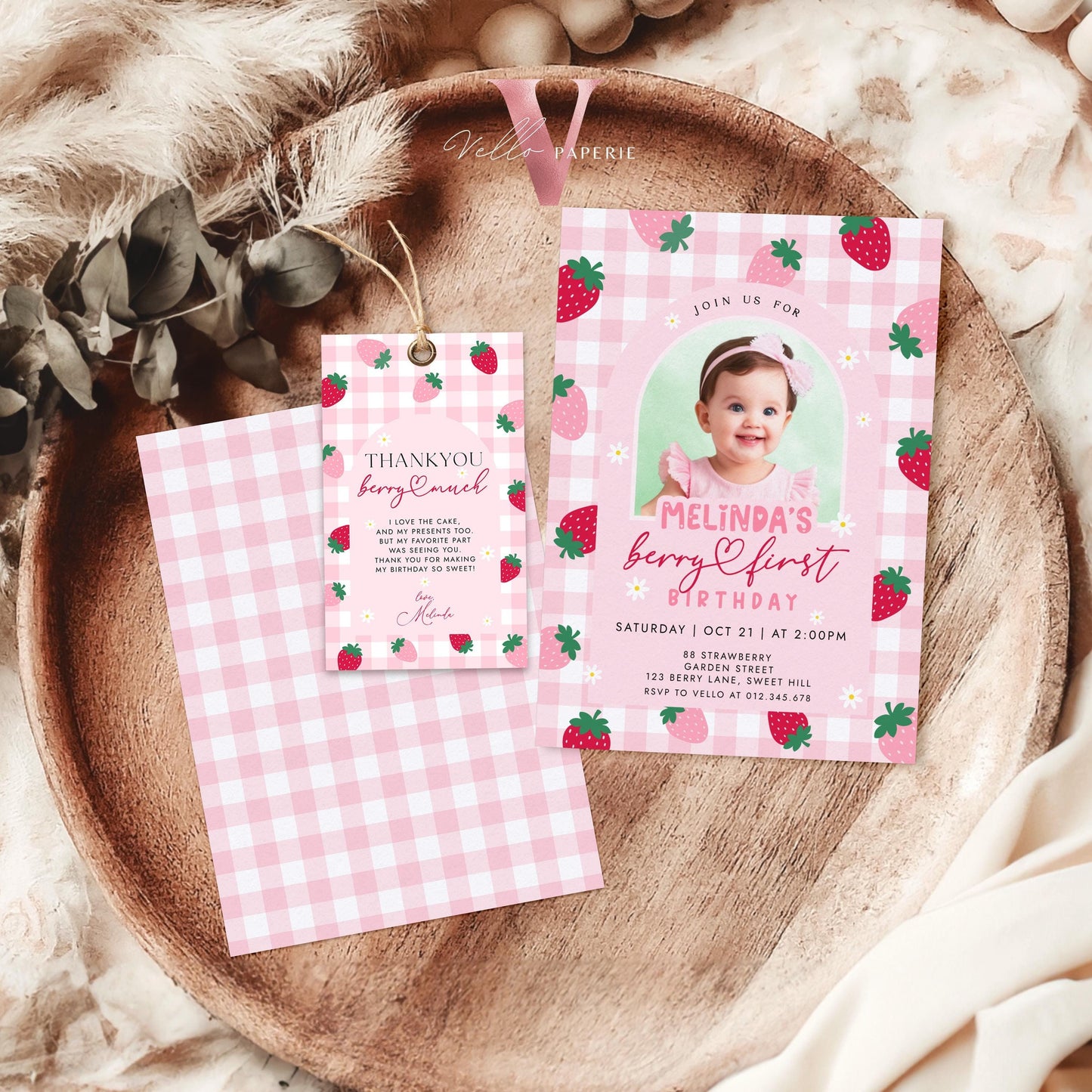 Photo Berry First Birthday Invitation Girl | Berry First Birthday Party Invite | Summer Girl Editable Template | Pink First Birthday Instant