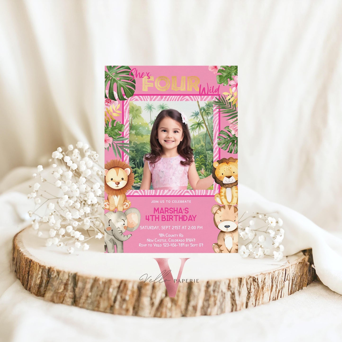 Any Age Safari Birthday Invitation Photo | Pink Tropical Jungle Party Invite | Summer Animal Party Editable Template | Pink Gold Wild Party