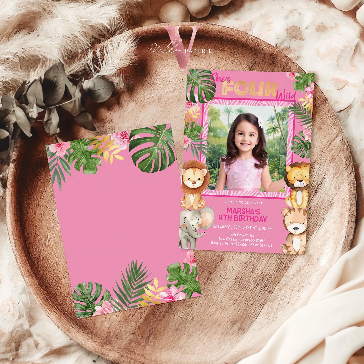 Any Age Safari Birthday Invitation Photo | Pink Tropical Jungle Party Invite | Summer Animal Party Editable Template | Pink Gold Wild Party