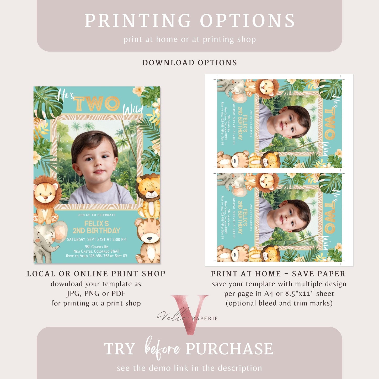 Any Age Safari Birthday Invitation Photo | Blue Tropical Jungle Party Invite | Summer Animal Party Editable Template | Tosca Gold Wild Party