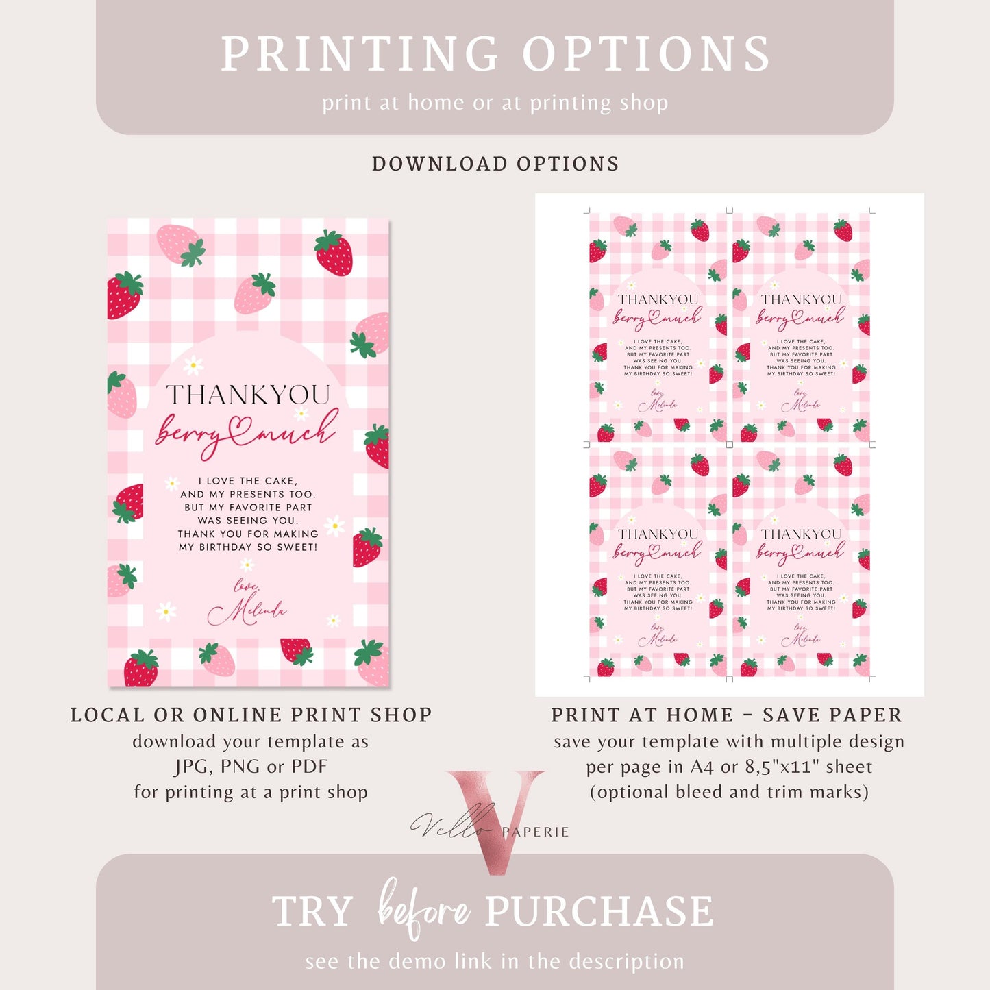 Berry First  Birthday Party Thankyou Card | Strawberry One Kid Party Favor Tag Instant Template | Berry Pink Pastel Gift Card Tag