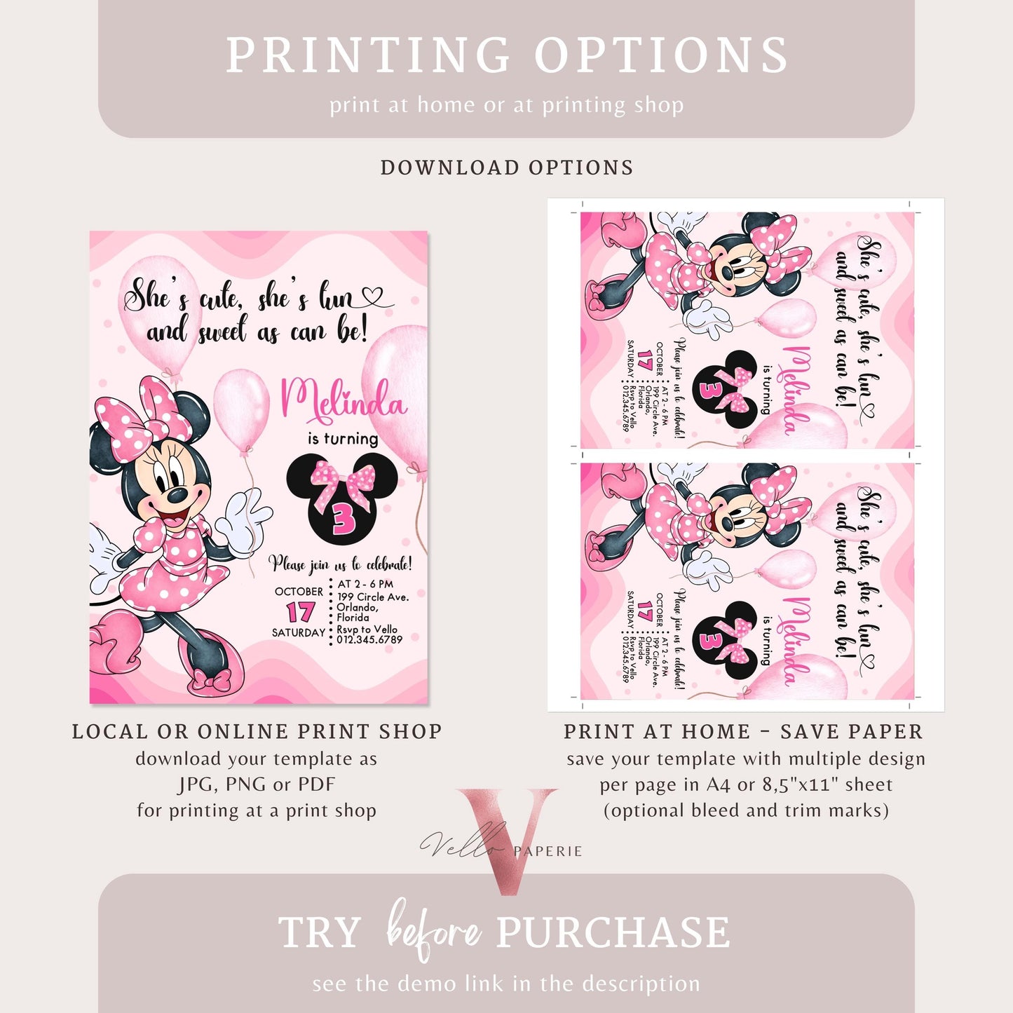 Self Editable Any Age Oh Balloons Minnie Mouse Birthday Invitation, Light Pink Polka Dot Invite, Small Girl Birthday Party Instant Template