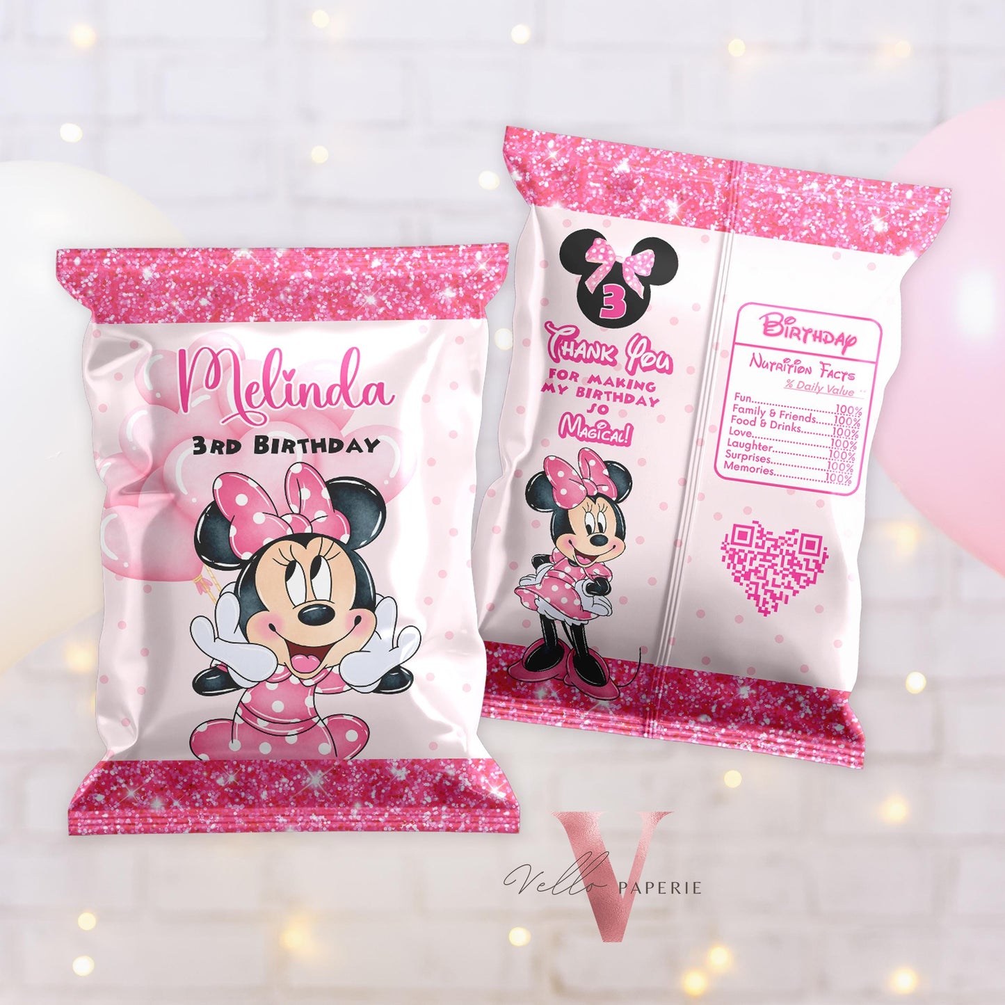 Editable Printable Any Age Minnie Mouse Birthday Party Favors | Glitter Pink Minnie Party Chip Bag, Water Bottle Label, Caprisun, TQ  MMB01