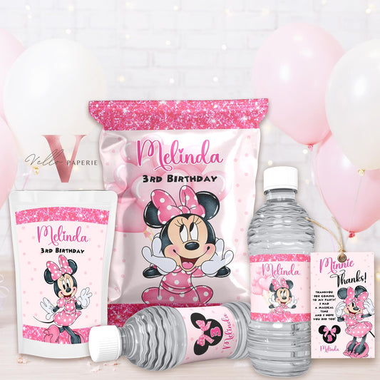 Editable Printable Any Age Minnie Mouse Birthday Party Favors | Glitter Pink Minnie Party Chip Bag, Water Bottle Label, Caprisun, TQ  MMB01