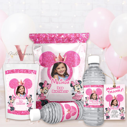 Self Editable Photo Minnie Mouse Birthday Party Favors | Glitter Pink Minnie Party Chip Bag, Water Bottle Label, Caprisun, Thanks Tag MMB03