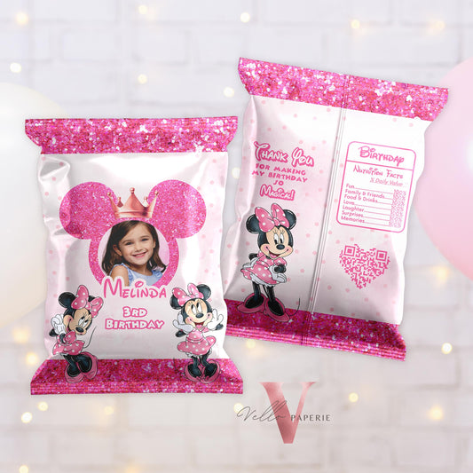 Self Editable Photo Minnie Mouse Birthday Party Favors | Glitter Pink Minnie Party Chips Bag, Snack Bag, Party Decor  MMB03