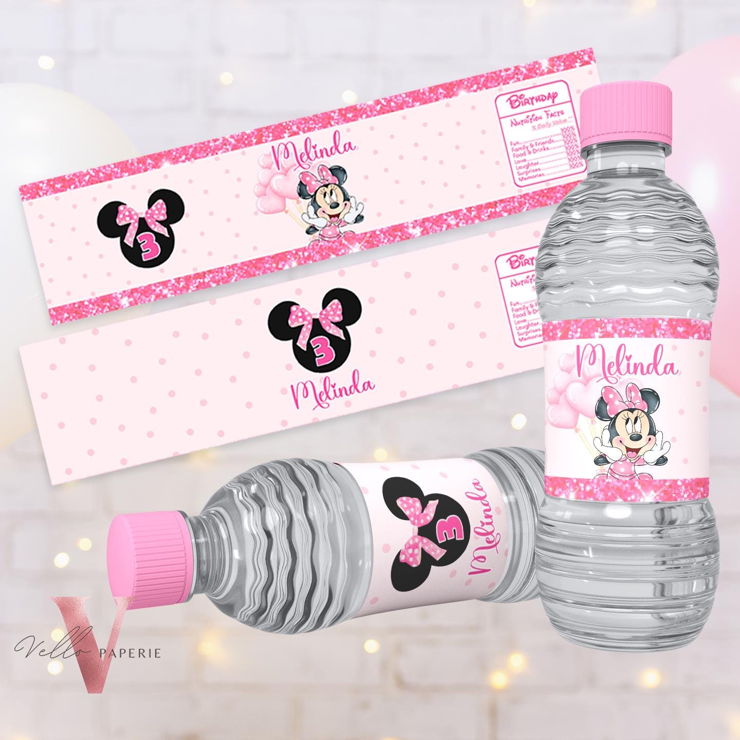 Self Editable Any Age Minnie Mouse Birthday Water Bottle Label | Glitter Pink Polkadot Minnie Party Glass Label, Party Favors Decor MMB02