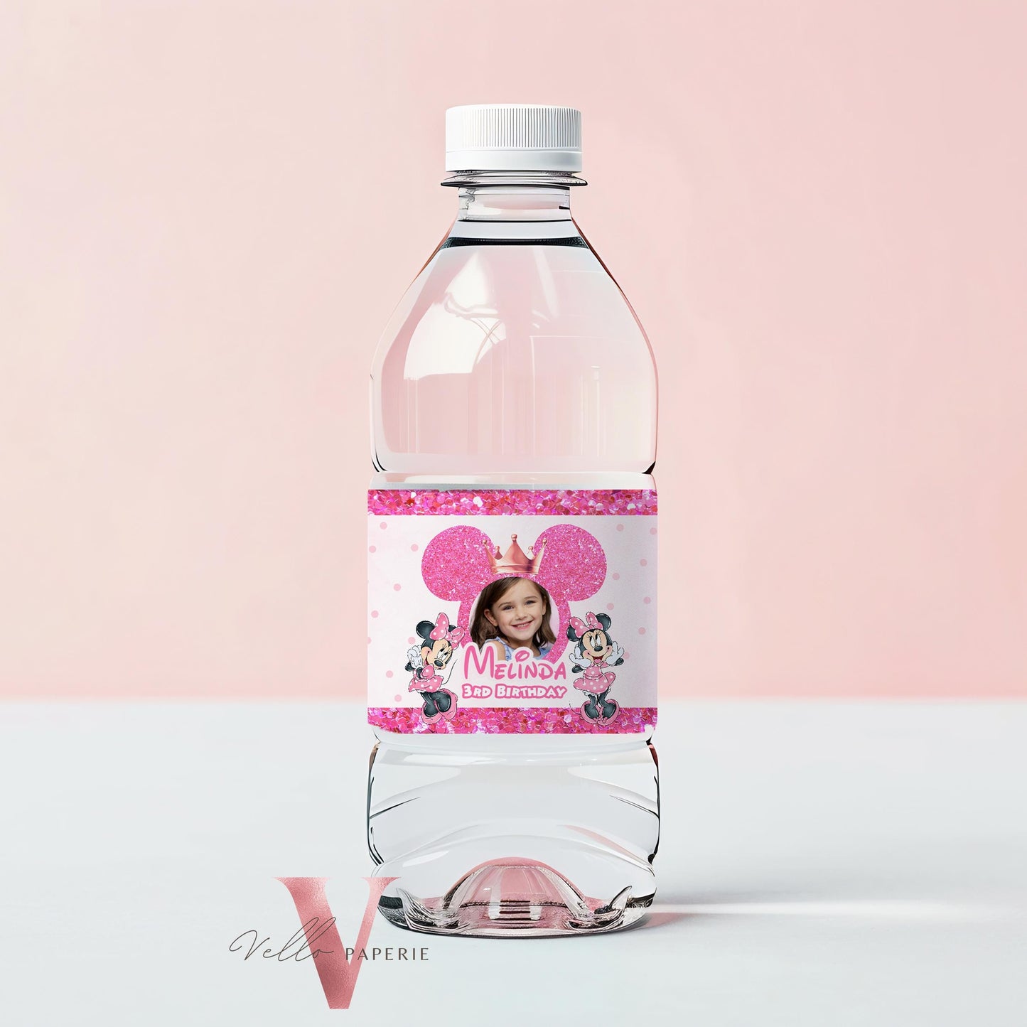 Self Editable Photo Minnie Mouse Birthday Party Favors | Glitter Pink Polkadot Minnie Party Water Bottle Label, Party Decor  MMB03