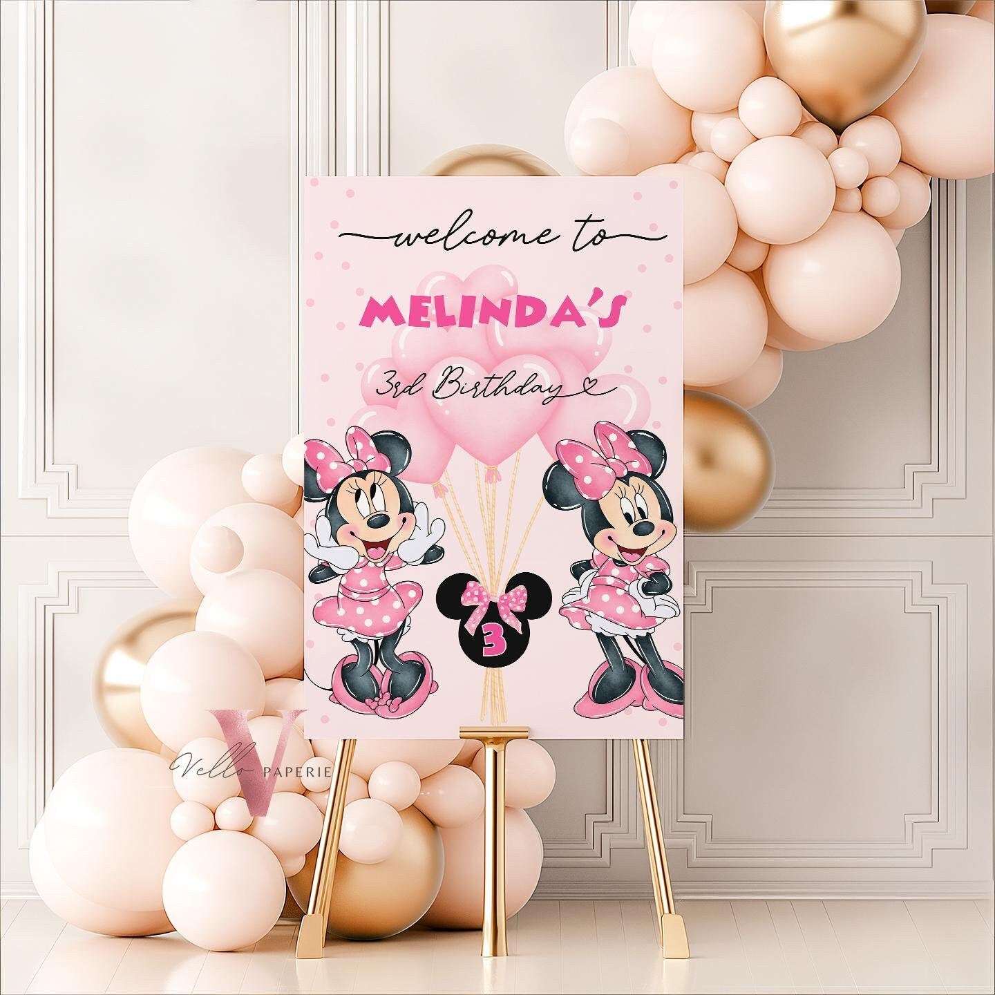 Self Edit Any Age Minnie Mouse Birthday Welcome Sign | Glitter Pink Polkadot Minnie Party Decor Sign | Balloon Minnie Pink Sign  MMB02