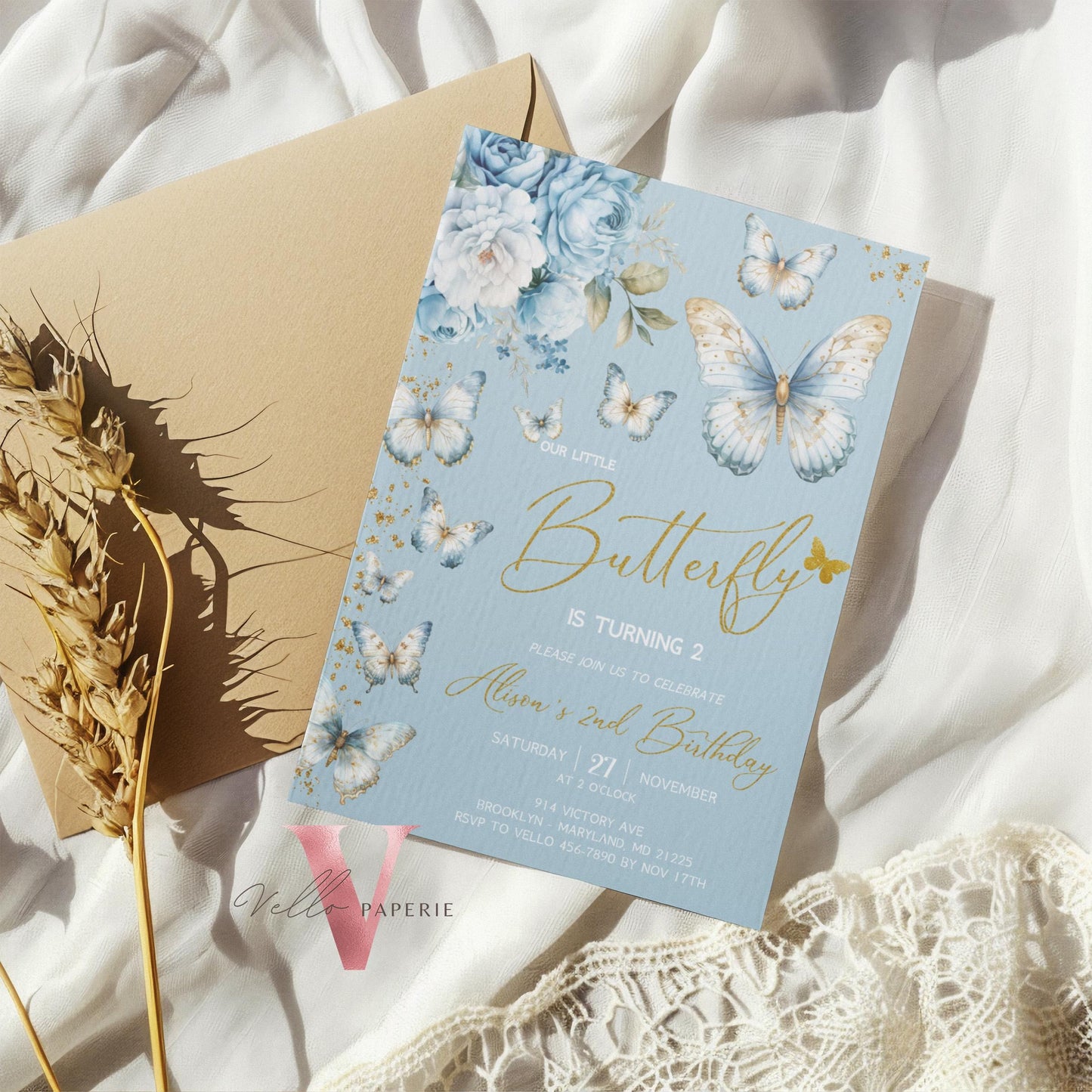 Blue Gold Glitter Watercolor Butterfly Birthday Party Invitation | A little butterfly Any Age Party Invite | Blue Sparkle Butterfly Card