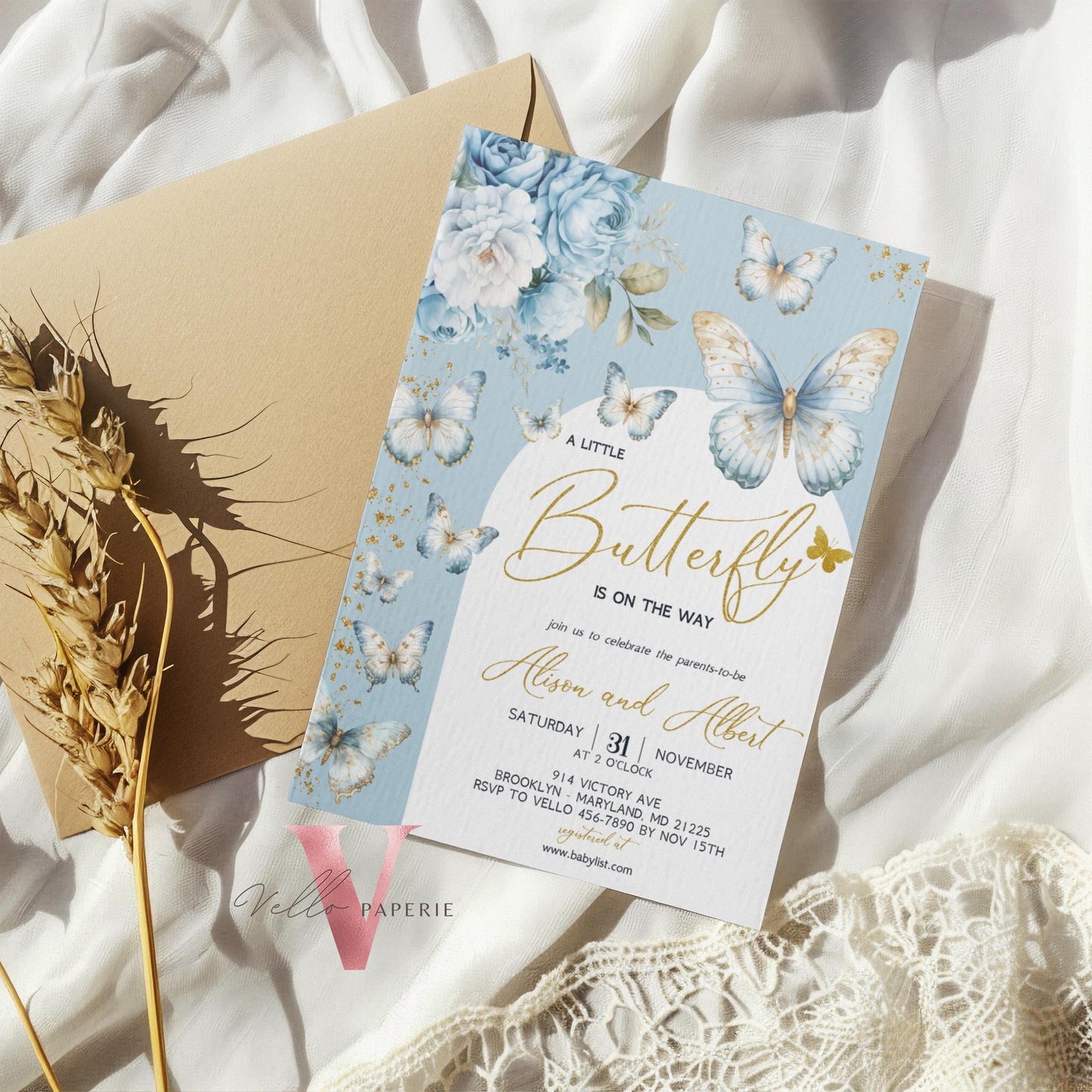 Blue Gold Glitter Watercolor Butterfly Baby Shower Party Invitation | A little butterfly Baby Party Invite | Blue Sparkle Butterfly Card