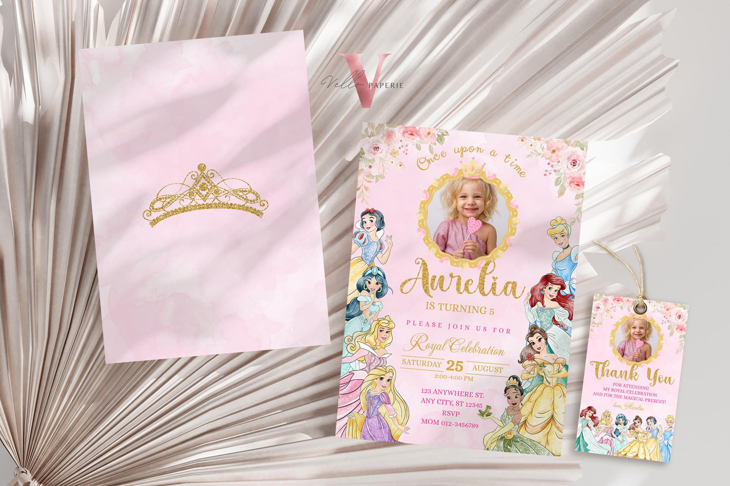 princess birthday photo invitation, once upon a time birthday party girl, pink gold princess watercolor invite editable instant download