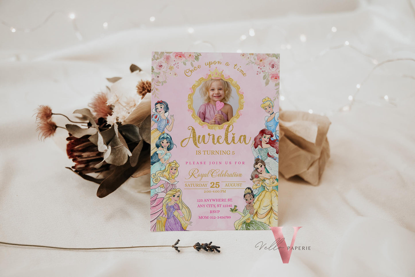 princess birthday photo invitation, once upon a time birthday party girl, pink gold princess watercolor invite editable instant download