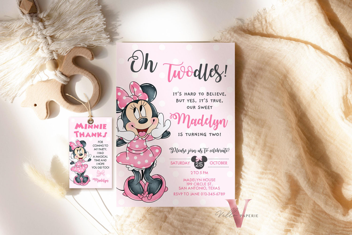 Self Editable Oh TWOdles Minnie Mouse Birthday Invitation, Light Pink Polka Dot Invite, 2 year old Girl Second Birthday Instant Download MMB01