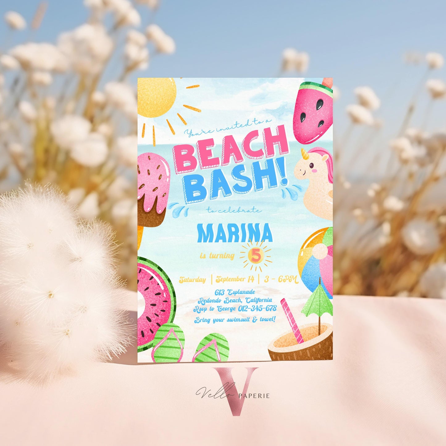 Fresh Beach Bash Birthday Party Invitation | Watercolor Summer Beach Party Invite | Vibrant Fun Beach Party Invite Teen Birthday Bash