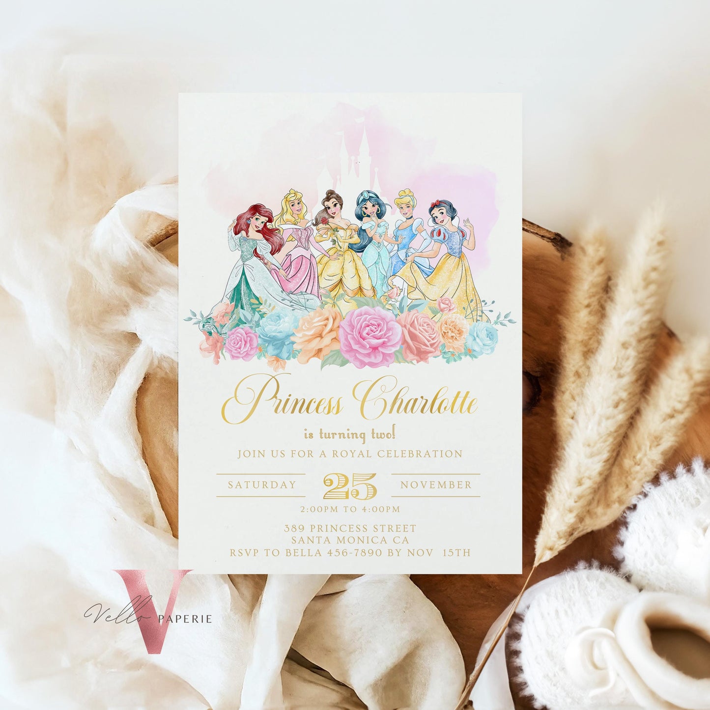 editable princess birthday invitation, once upon a time birthday party girl, beige gold princess watercolor invite instant download PB01