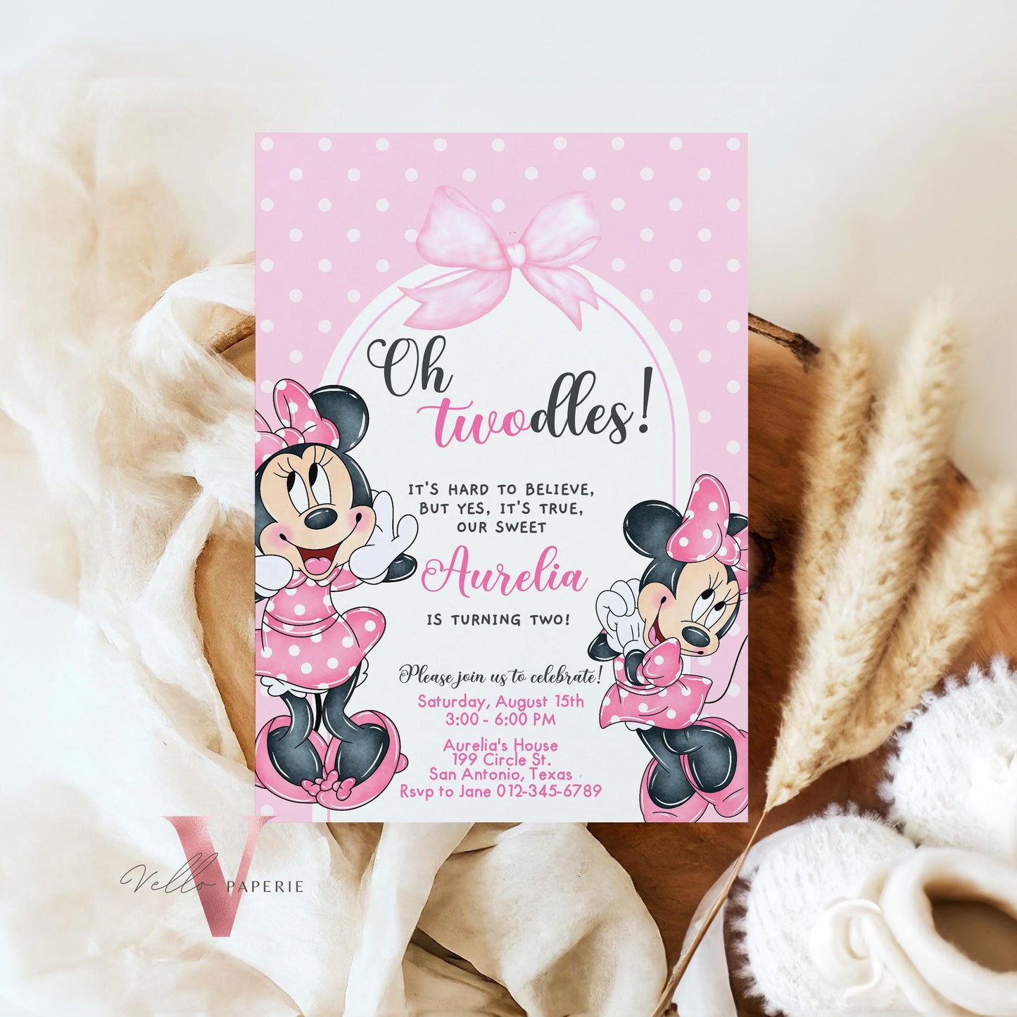 Self Editable Oh TWOdles Minnie Mouse Birthday Invitation, Light Pink Polka Dot Invite, 2 year old Girl Second Birthday Instant Download