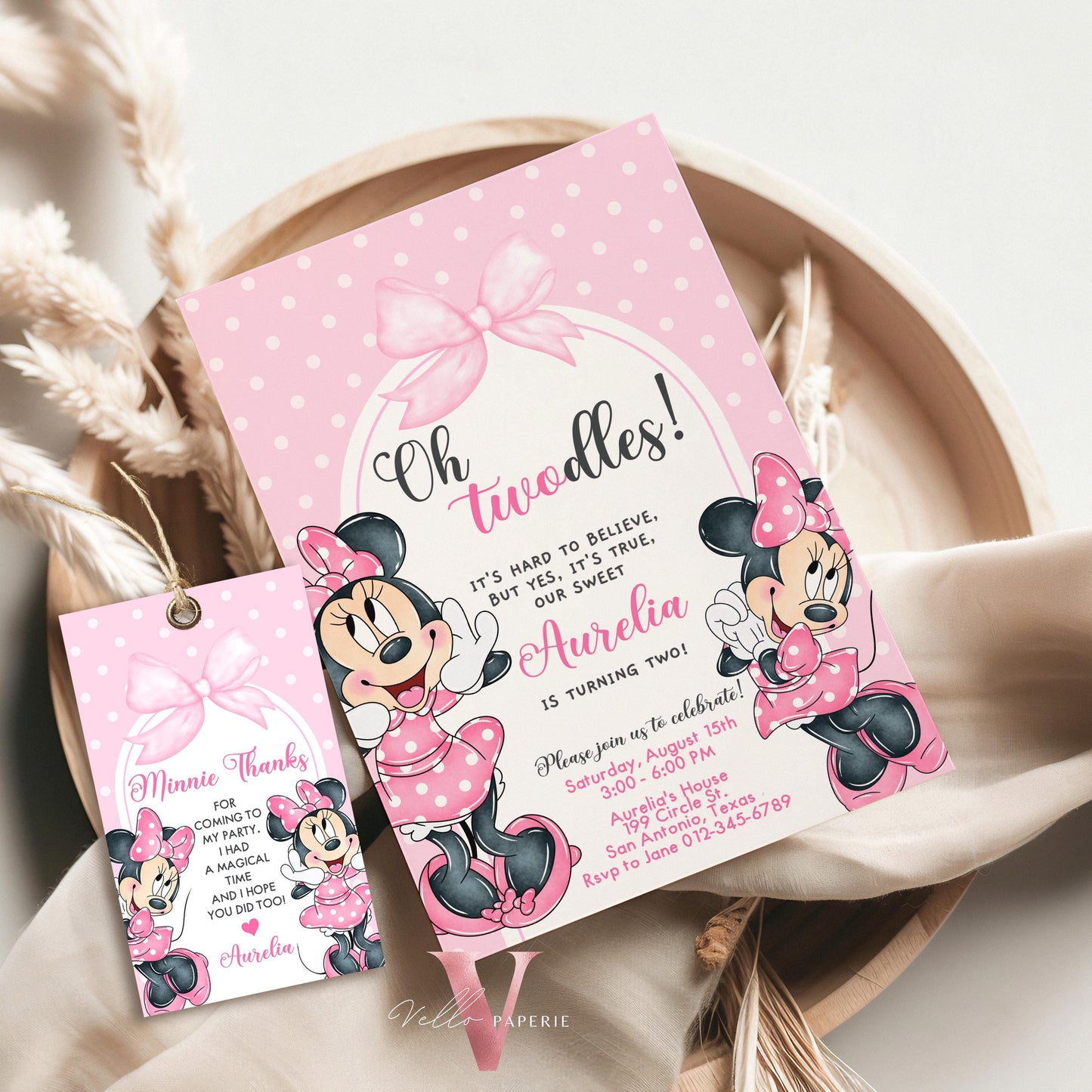 Self Editable Oh TWOdles Minnie Mouse Birthday Invitation, Light Pink Polka Dot Invite, 2 year old Girl Second Birthday Instant Download