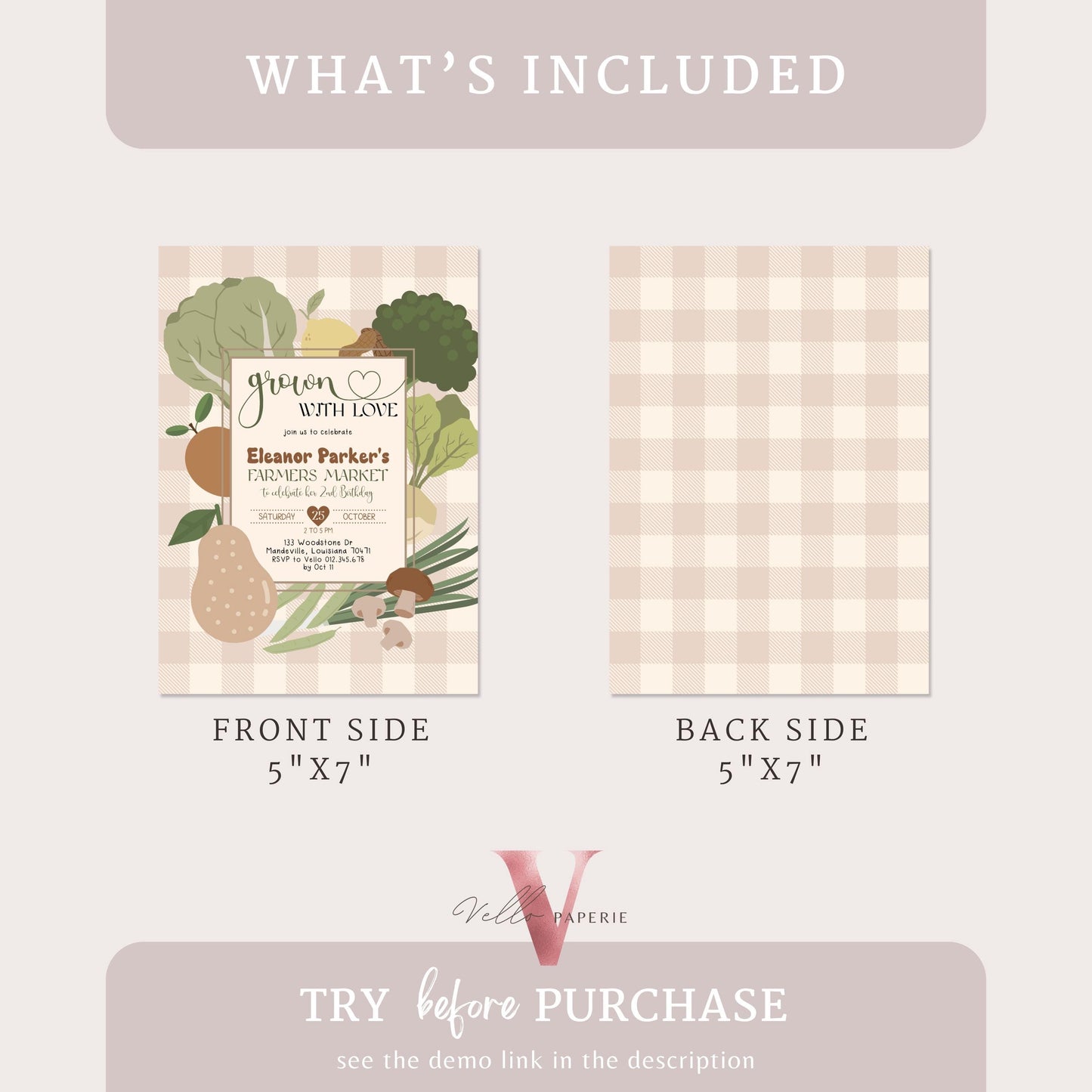 Beige Locally Grown Birthday Invitation | Neutral Farmer's Market Birthday Invite | Organic Vegetables Fruits Party ANY AGE Instant Template