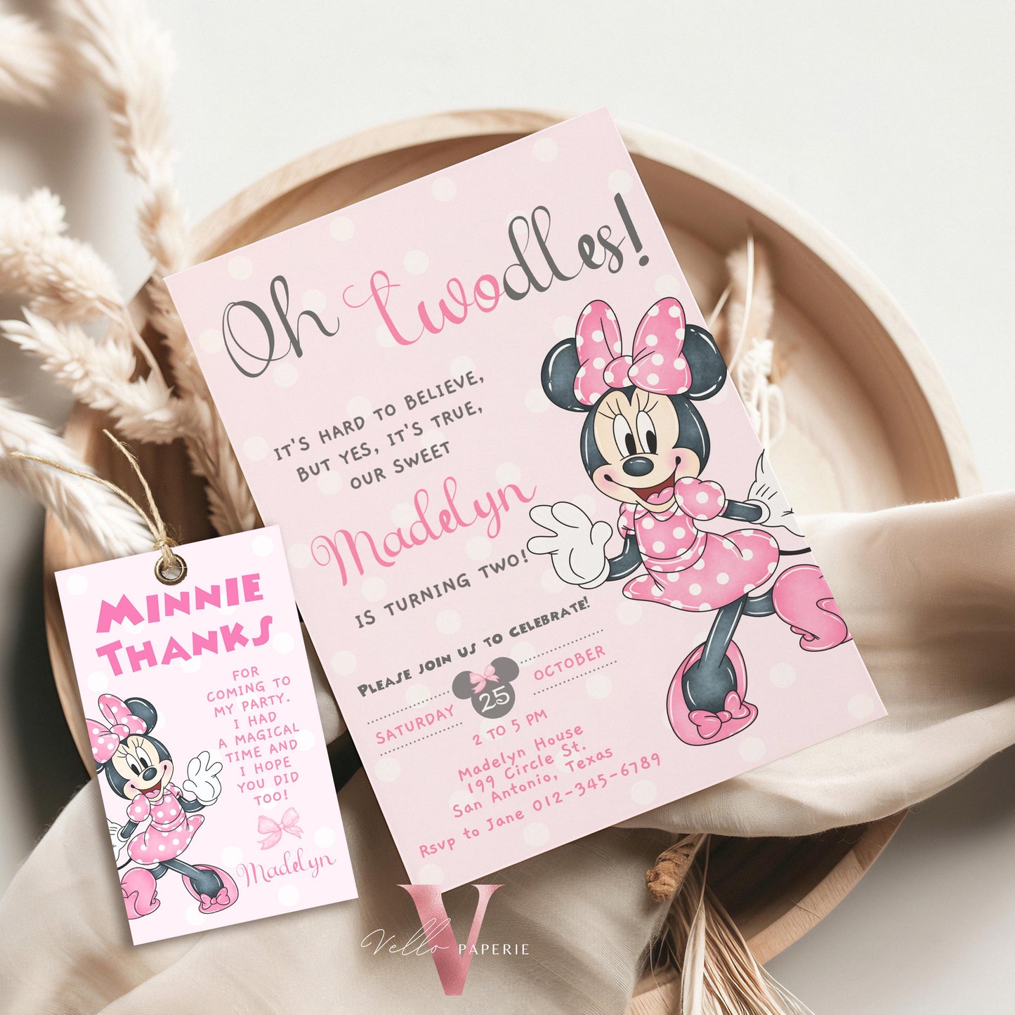 Oh Twodles Minnie Birthday Invitation | Editable Printable Watercolor Minnie Birthday Party Invite | Pink Minnie Twodles Instant Download