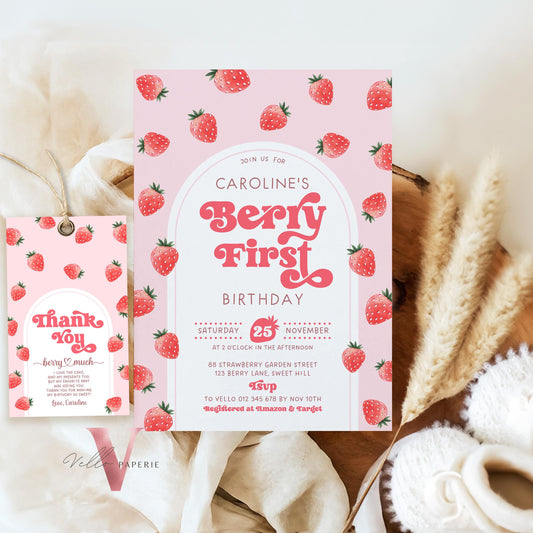 STRAWBERRY First Birthday Invitation Girl | Berry First Birthday Party Invite | Summer Girl Editable Template | Pink First Birthday Invite