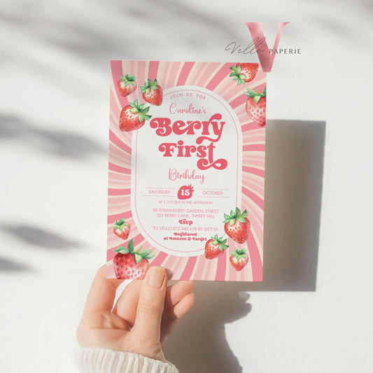 STRAWBERRY First Birthday Invitation Girl | Berry First Birthday Party Invite | Summer Girl Editable Template | Pink First Birthday Invite