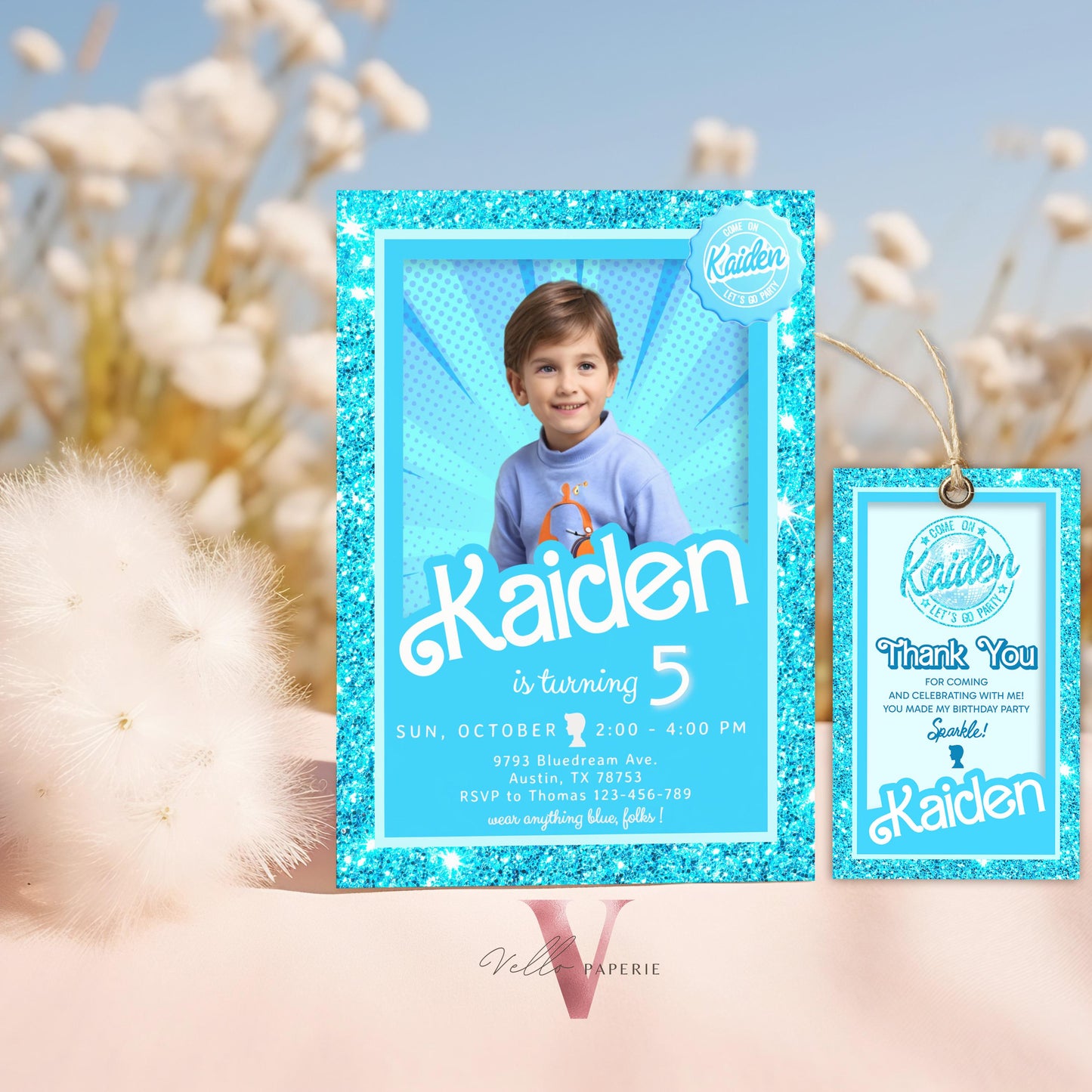 Blue Boy Doll Birthday Invitation with photo | Editable Printable Glitter Blue Doll Box Birthday Party Invite Instant Download