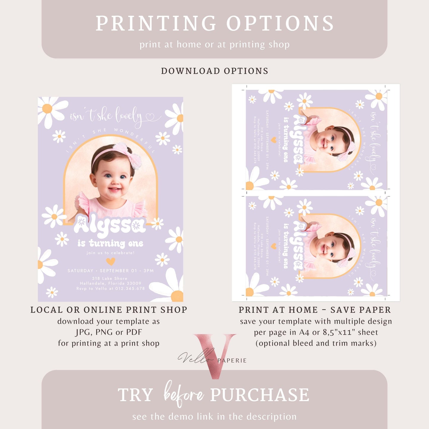 Any Age Photo Daisy Birthday Invitation | Wild Daisy Floral Birthday Invite | Bohemian Daisy Birthday | Purple Isn't She Lovelyy Wonderful