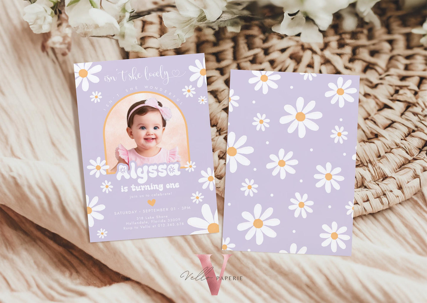 Any Age Photo Daisy Birthday Invitation | Wild Daisy Floral Birthday Invite | Bohemian Daisy Birthday | Purple Isn't She Lovelyy Wonderful