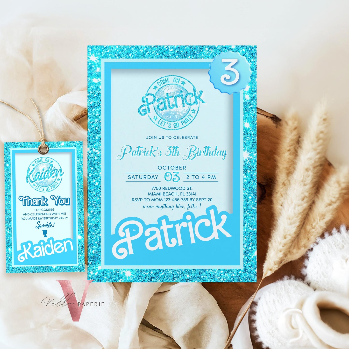 Blue Boy Doll Birthday Invitation Bundle | Editable Printable Glitter Blue Doll Box Birthday Party Invite | Blue Boy Party Instant Download