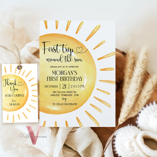 Yellow First Trip Around The Sun Birthday Invitation | Editable 1st Sunshine Invite | Editable Boho Sun Rainbow Boy Girl Instant Template