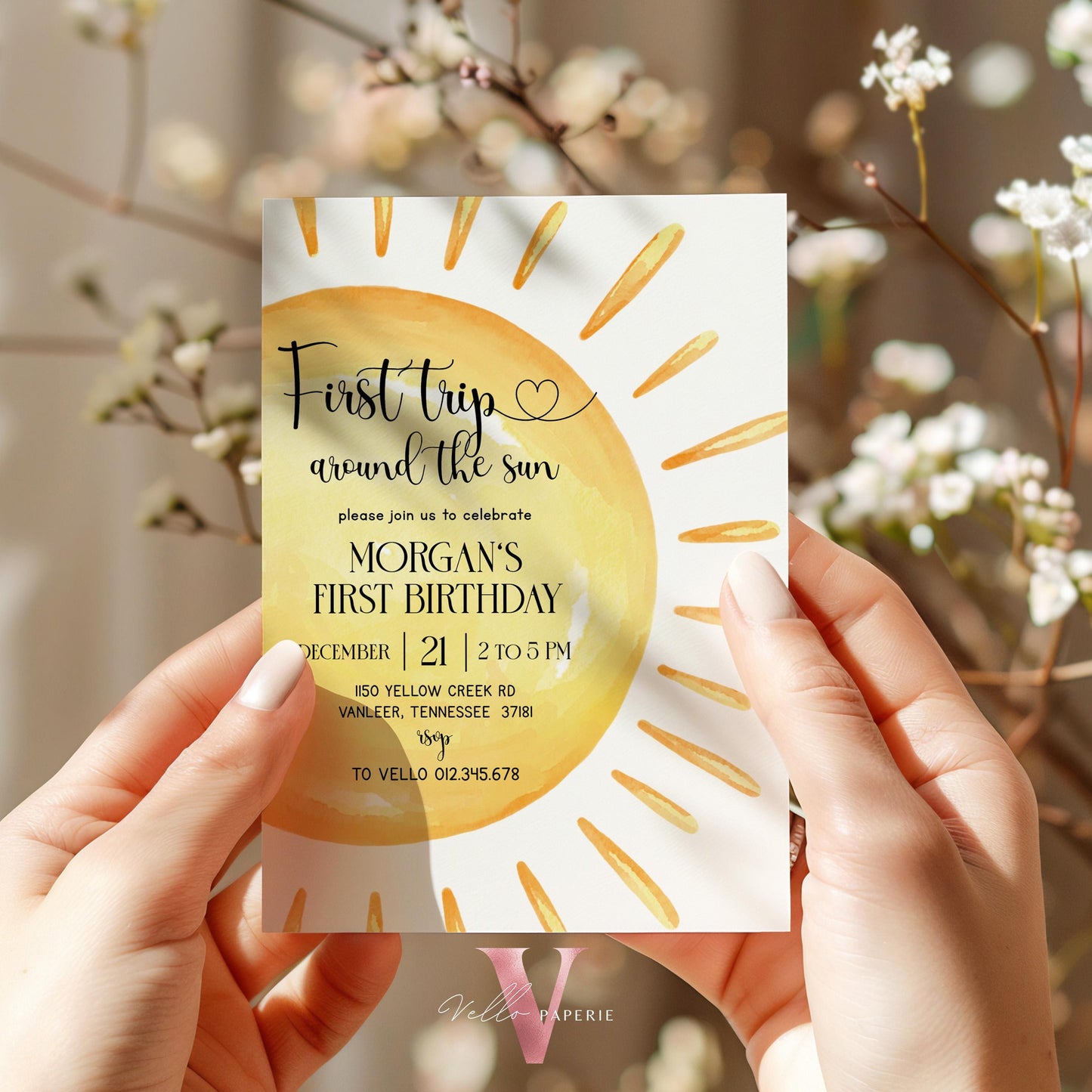 Yellow First Trip Around The Sun Birthday Invitation | Editable 1st Sunshine Invite | Editable Boho Sun Rainbow Boy Girl Instant Template