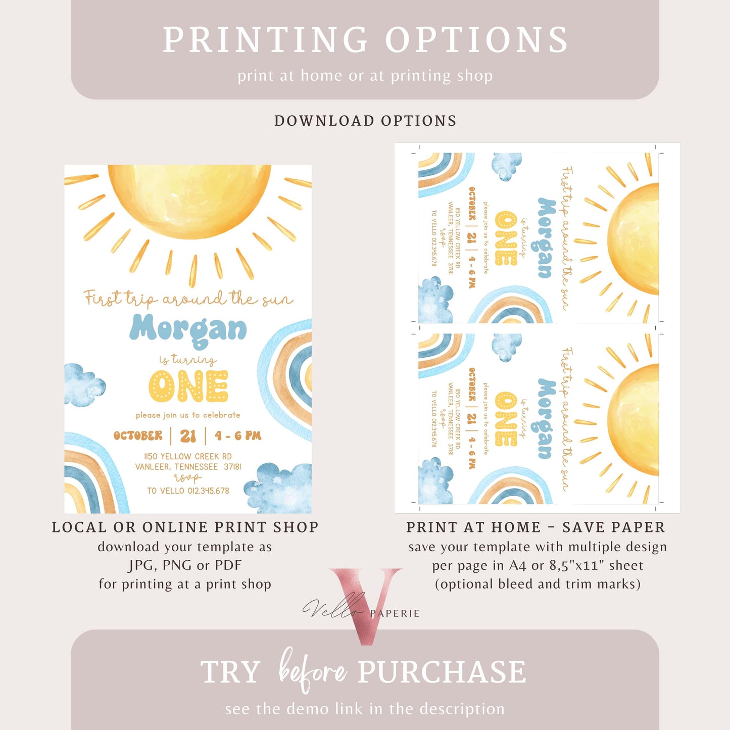 Yellow Blue Any Age Around The Sun Birthday Invitation | Editable Sunshine Invite | Editable Boho Sun Rainbow Boy Girl Instant Template