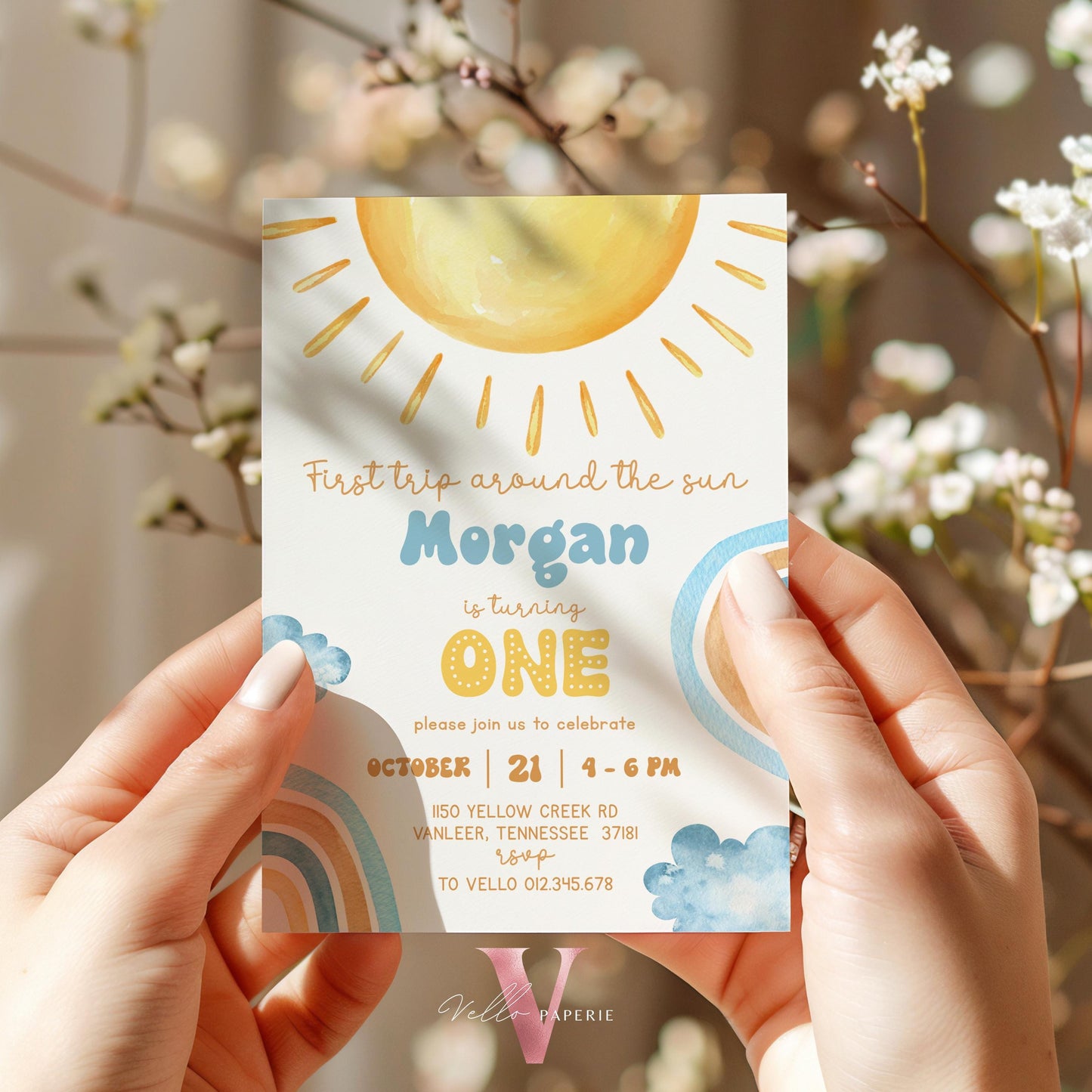 Yellow Blue Any Age Around The Sun Birthday Invitation | Editable Sunshine Invite | Editable Boho Sun Rainbow Boy Girl Instant Template