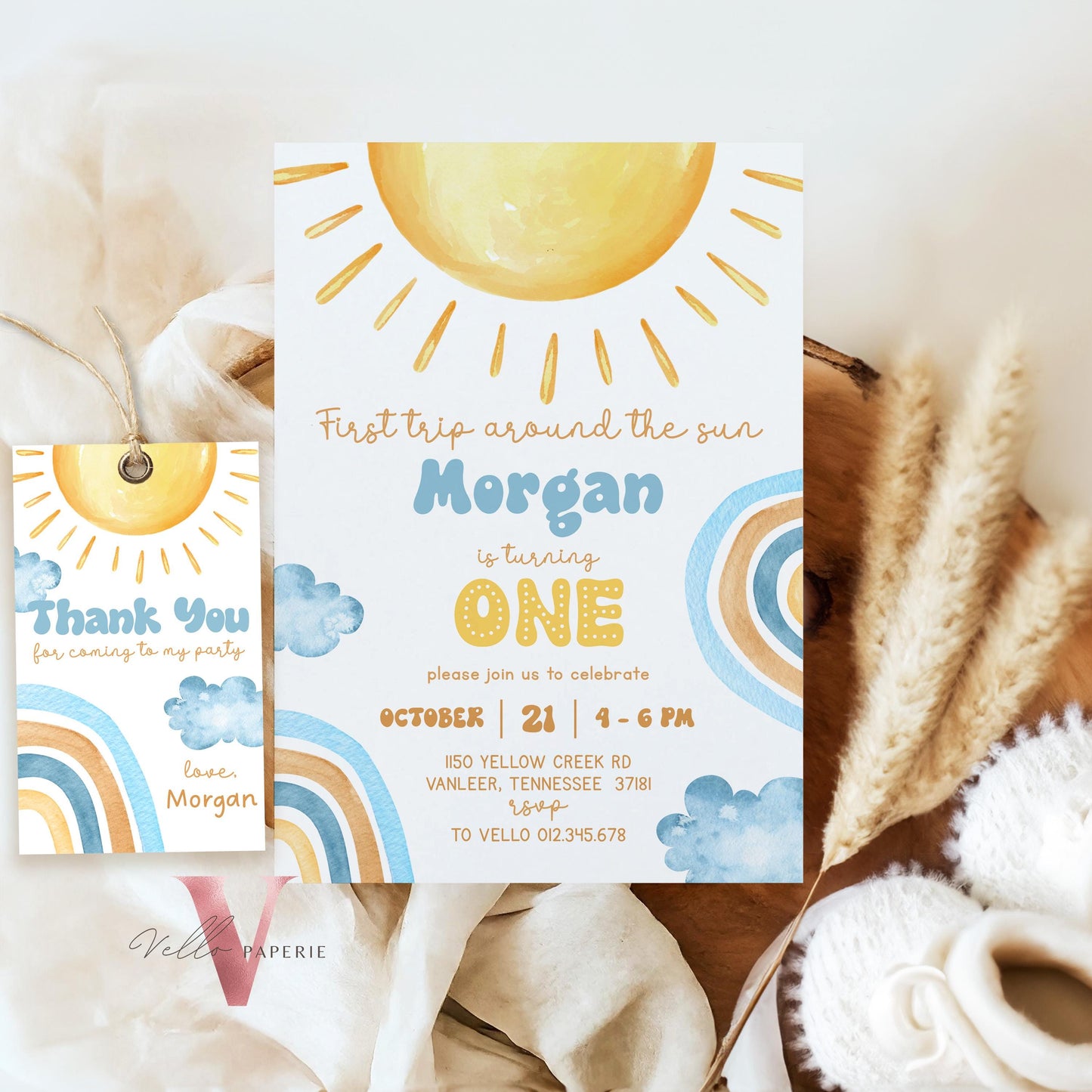 Yellow Blue Any Age Around The Sun Birthday Invitation | Editable Sunshine Invite | Editable Boho Sun Rainbow Boy Girl Instant Template