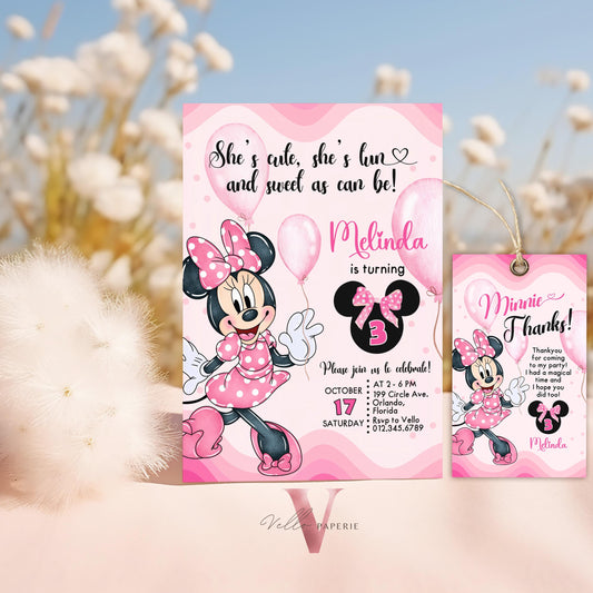 Self Editable Any Age Oh Balloons Minnie Mouse Birthday Invitation, Light Pink Polka Dot Invite, Small Girl Birthday Party Instant Template