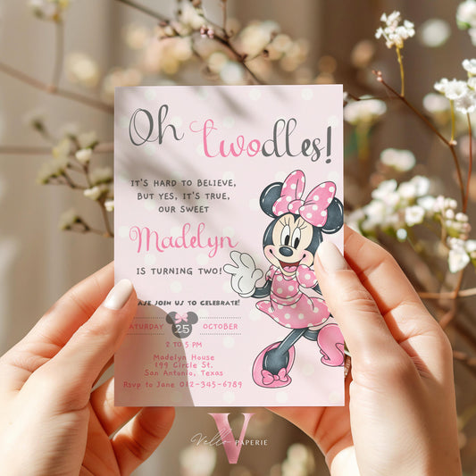 Oh Twodles Minnie Birthday Invitation | Editable Printable Watercolor Minnie Birthday Party Invite | Pink Minnie Twodles Instant Download