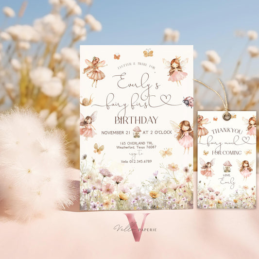 Editable Fairy First Birthday Invitation | Printable Garden Fairy Magical Butterfly | Whymsical Girl 1st Party Invite | Instant Template