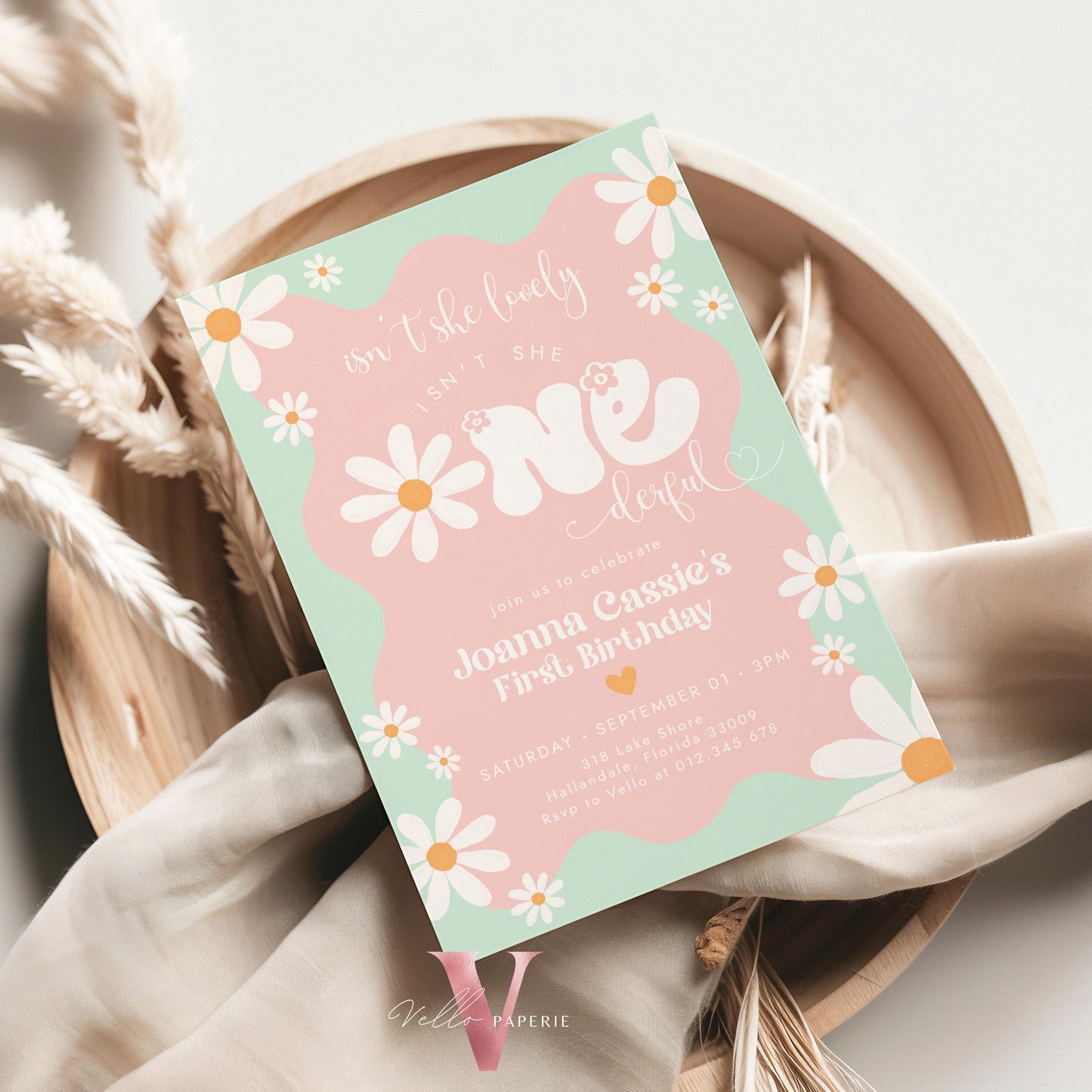 Sage Green Daisy First Birthday Invite | Wild Daisy Floral 1st Birthday Invite | Boho Daisy One Birthday | Isn't She Lovely Onederful Groovy