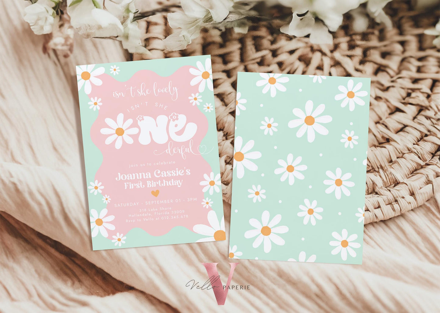 Sage Green Daisy First Birthday Invite | Wild Daisy Floral 1st Birthday Invite | Boho Daisy One Birthday | Isn't She Lovely Onederful Groovy