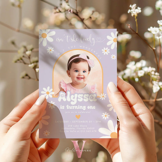 Any Age Photo Daisy Birthday Invitation | Wild Daisy Floral Birthday Invite | Bohemian Daisy Birthday | Purple Isn't She Lovelyy Wonderful