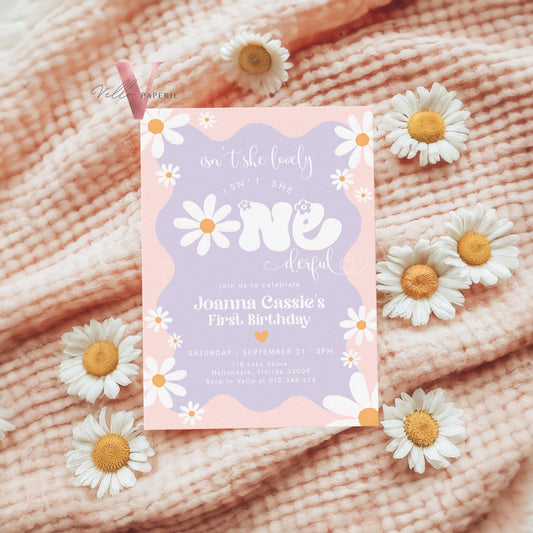 Daisy First Birthday Invite | Wild Daisy Floral 1st Birthday Invite | Bohemian Daisy One Birthday | Isn't She Lovely Onederful Groovy Party