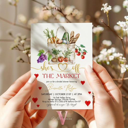 Grocery Off the Market Bridal Shower Party Invitation | She's off the Market Invite | Gold Red Farmer's Market Watercolor Bride Instant