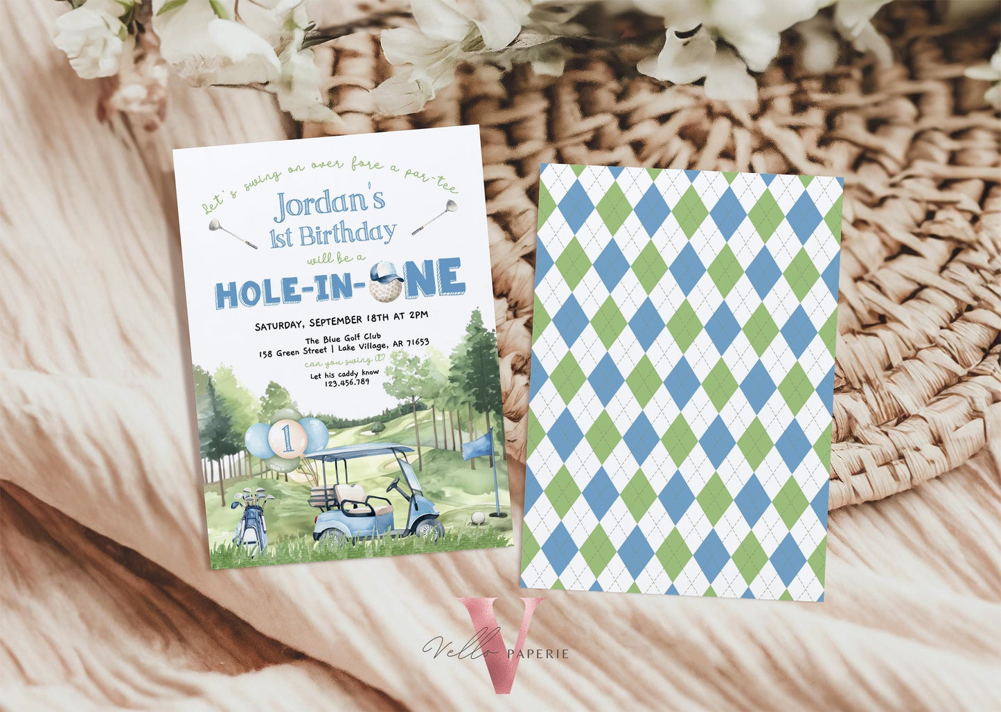 Editable Any AGE Hole In One Birthday Invitation | Golf Any Age Birthday Par-tee Invite | Boy Golfing Masters Party Blue Green | Lets Partee