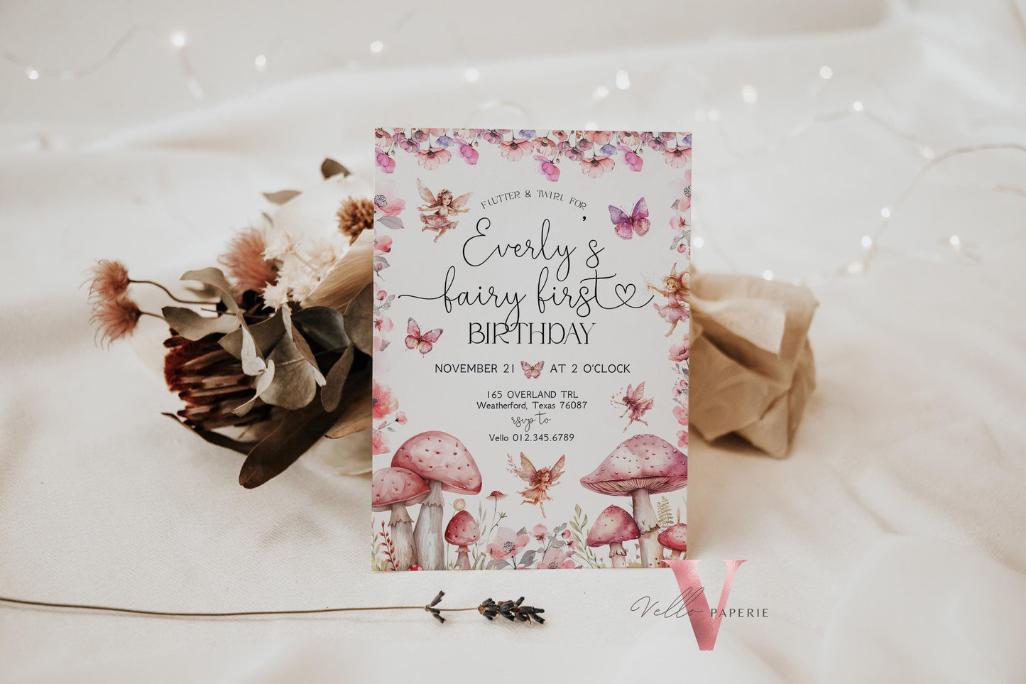 Editable Fairy First Birthday Invitation | Printable Garden Fairy Magical Butterfly | Whymsical Girl 1st Party Invite | Instant Template