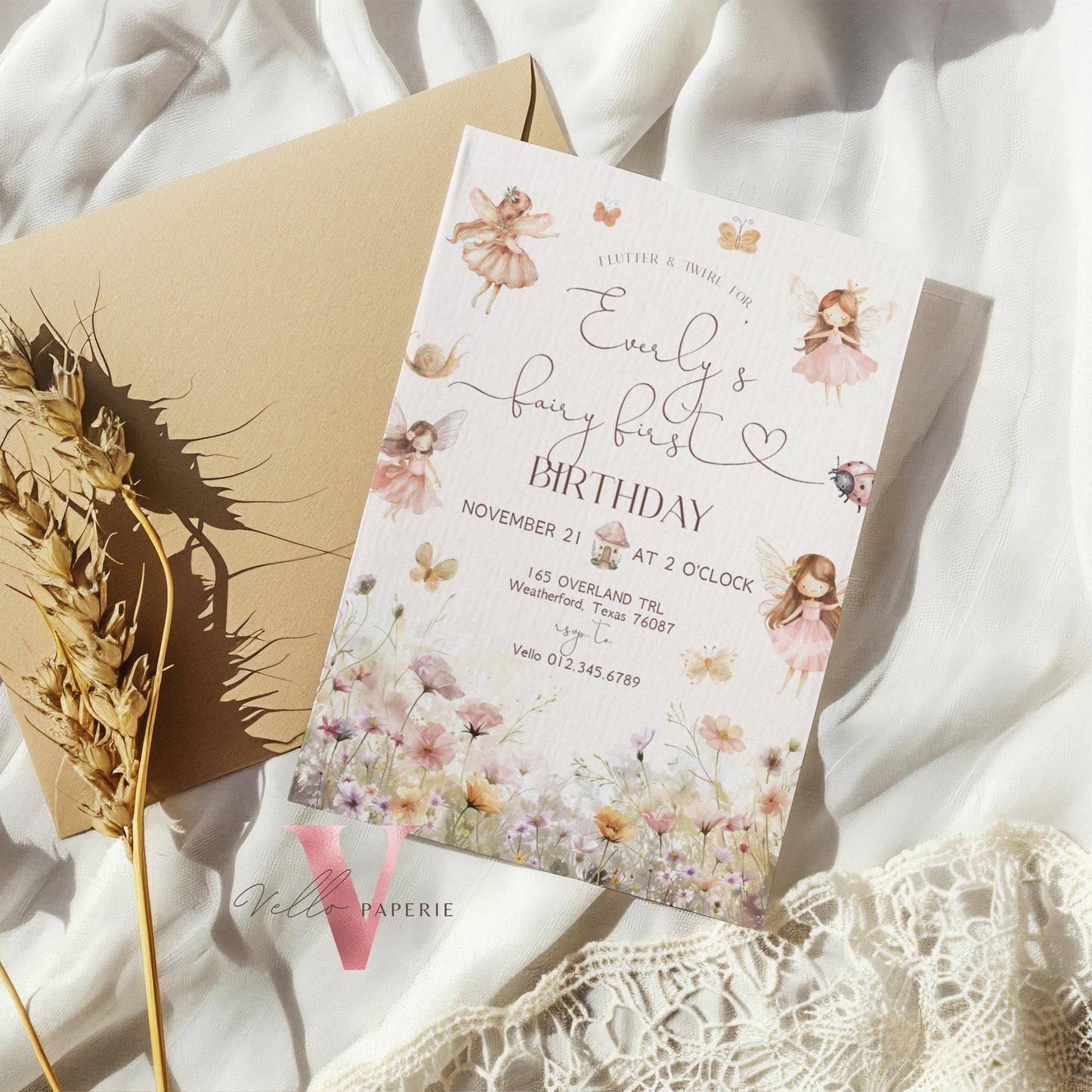 Editable Fairy First Birthday Invitation | Printable Garden Fairy Magical Butterfly | Whymsical Girl 1st Party Invite | Instant Template