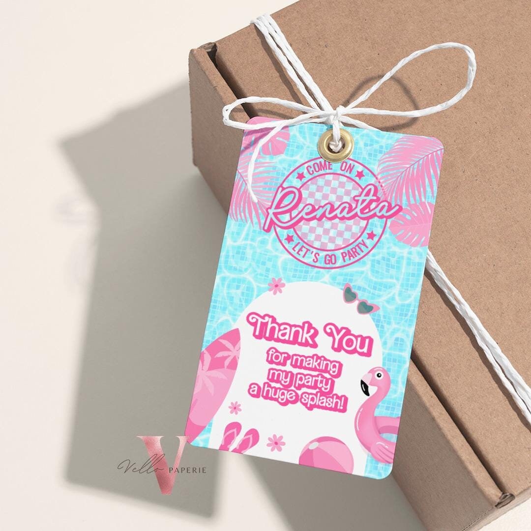 Pink Blue Pool Birthday Thankyou Card | Editable Printable Malibu Pool Party Favor Tag | Pink Blue Doll Come On Lets Go Party Gift Tag