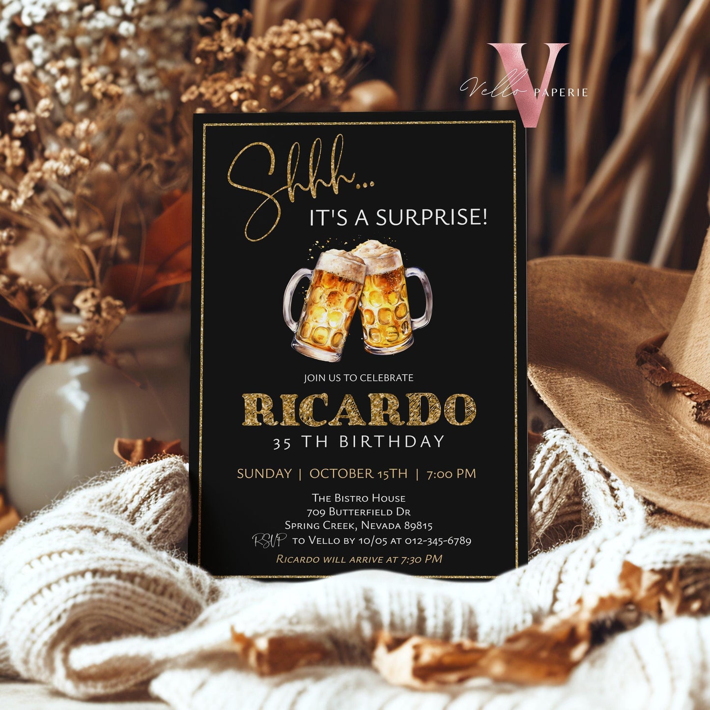 Beer Surprise Birthday Party Invitation | 30th 40th 50th Adult Birthday Invite | Self Editable Gold Black Adult Printable Instant Template